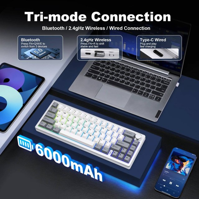 65% Wireless Custom Mechanical Keyboard with Knob, Hot Swap, RGB & QMK/VIA Support - Image 3