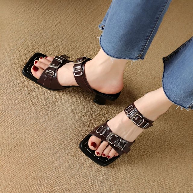 Genuine Leather High Heel Buckle Sandals for Women - Image 2