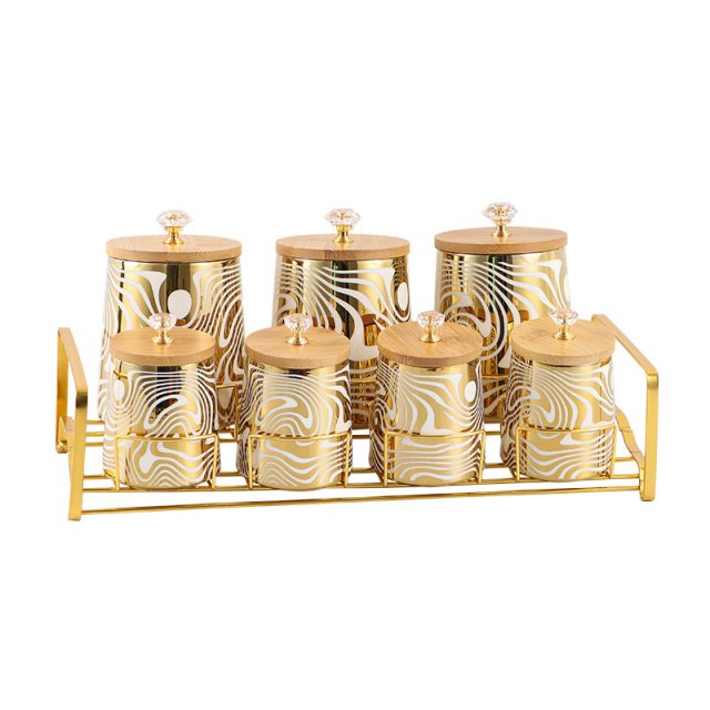 Ceramic Kitchen Storage Jars with Wooden Lids and Metal Rack - Image 5