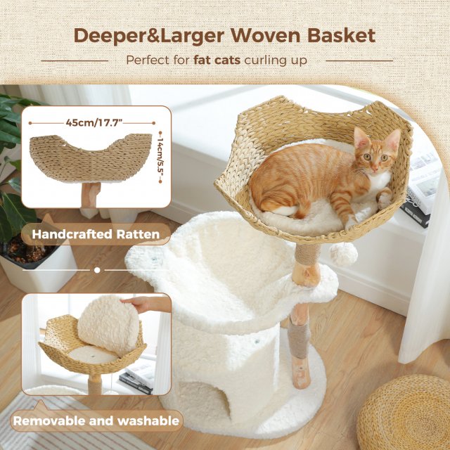 Modern Wood Cat Tree with Wicker Basket, Hammock & Scratching Posts - Image 3