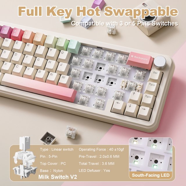 Beige Wireless Mechanical Keyboard – Tri-Mode, Hot Swappable, 65% Layout - Image 3