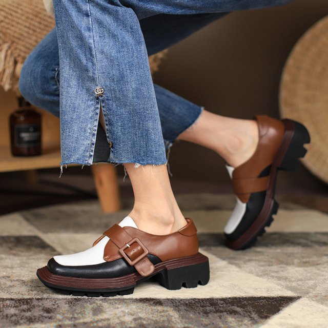 Genuine Leather Mixed Color Loafers for Women – Square Toe Slip-On Heels - Image 3