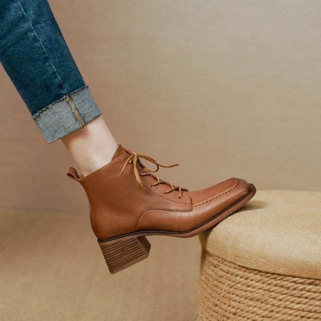 Women's Genuine Leather Lace-Up Ankle Boots – Handmade Elegant Retro Booties - Image 4