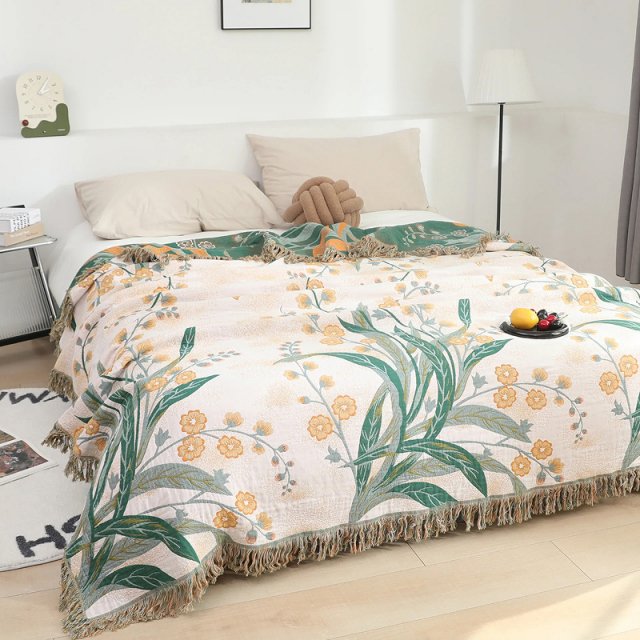 Floral Cotton Towel Blanket with Tassels, Double-Sided Jacquard - Image 4