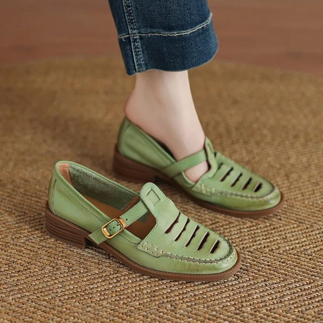 Genuine Leather Hollow Out Mary Jane Loafers for Women with Round Toe - Image 3
