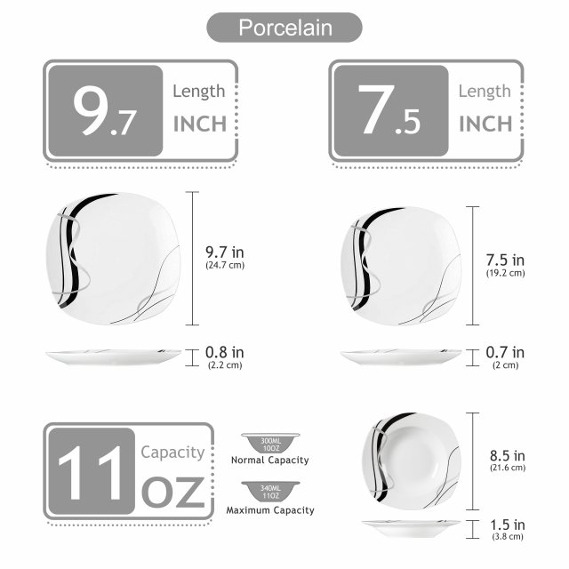 Porcelain Dinnerware Set for 6, 18 Pcs, Square Plates with Black Line - Image 6