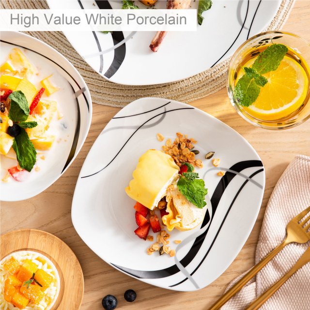 Porcelain Dinnerware Set for 6, 18 Pcs, Square Plates with Black Line - Image 4