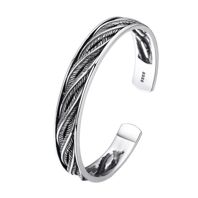 Retro Sterling Silver Leaf Cuff Bracelet for Men & Women - Image 7