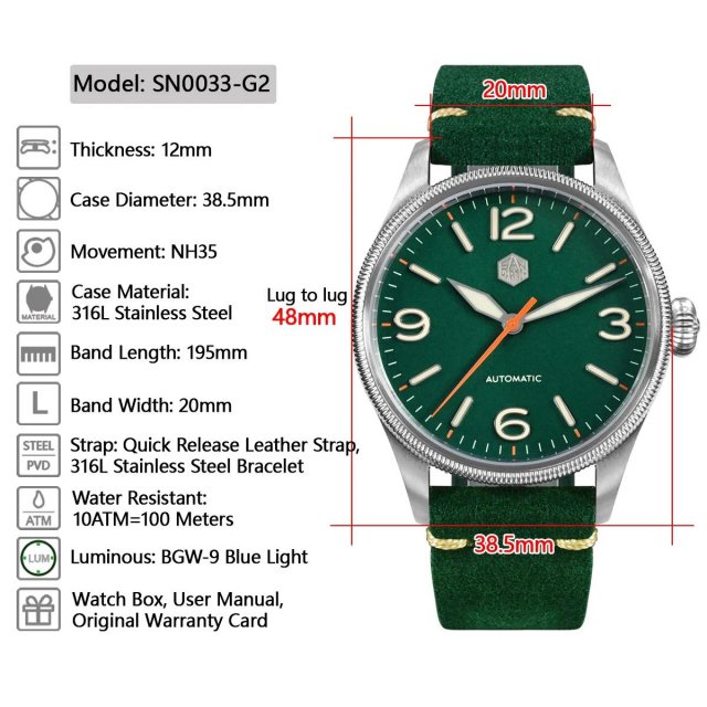 38.5mm Retro Automatic Pilot Watch with Sapphire Crystal & Coin Bezel - Image 11