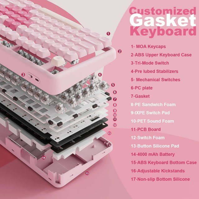 Pink 87-Key Mechanical Gaming Keyboard with RGB, Wrist Rest & Wireless - Image 4