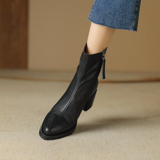 Women's Leather Western Ankle Boots – Pointed Toe Chunky Heel Cowboy Style - Image 4