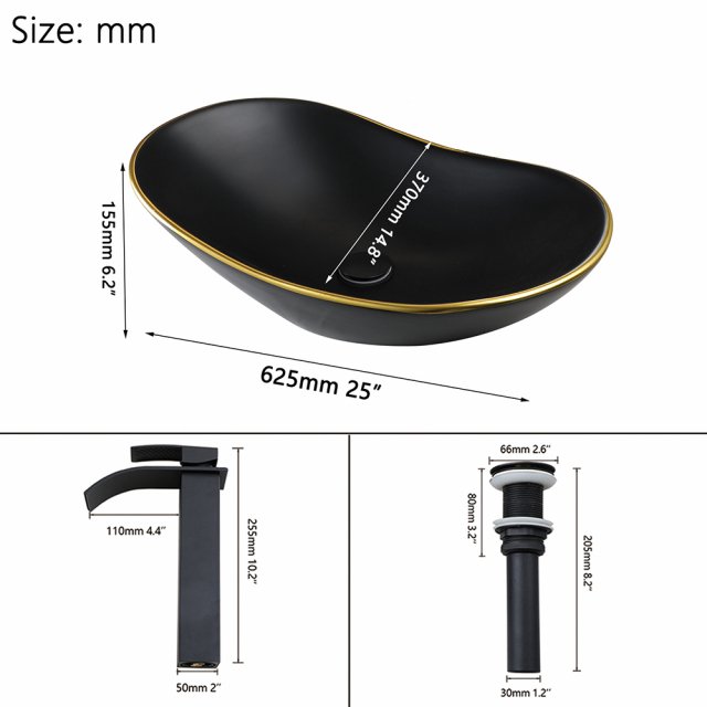 Oval Ceramic Bathroom Vessel Sink with Matte Black Waterfall Faucet and Pop-Up Drain - Image 7