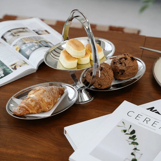 Nordic 3-Tier Stainless Steel Folding Dessert Tray with Handle - Image 3