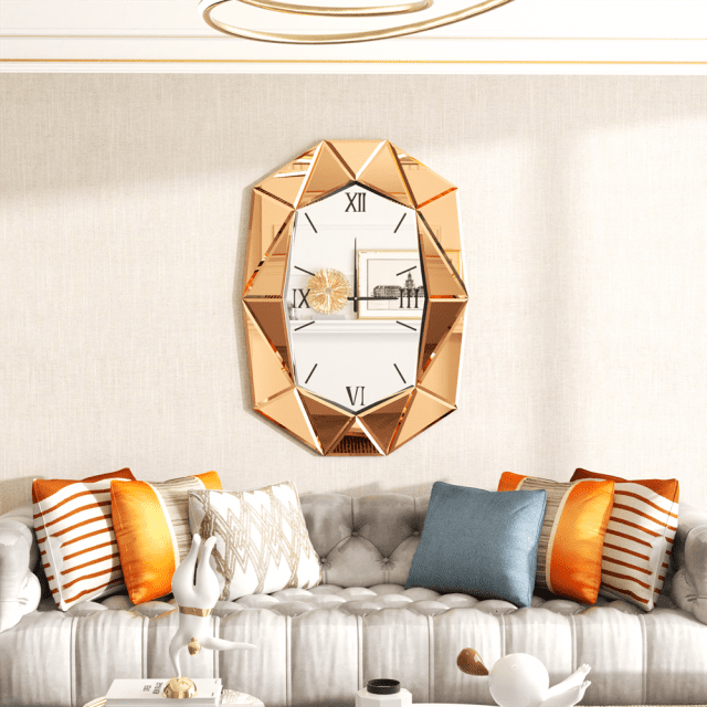 Irregular Beveled Mirror Wall Clock with Roman Numerals – Silent Quartz Movement - Image 2