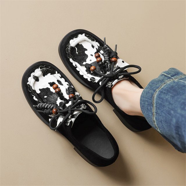 Women's Mixed Color Horsehair Platform Loafers with Round Toe and Lace-Up Design - Image 5