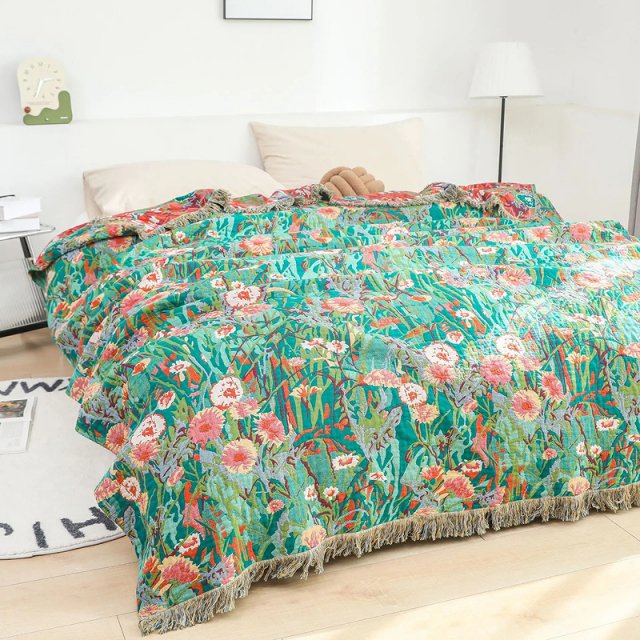 Floral Cotton Towel Blanket with Tassels, Double-Sided Jacquard - Image 3