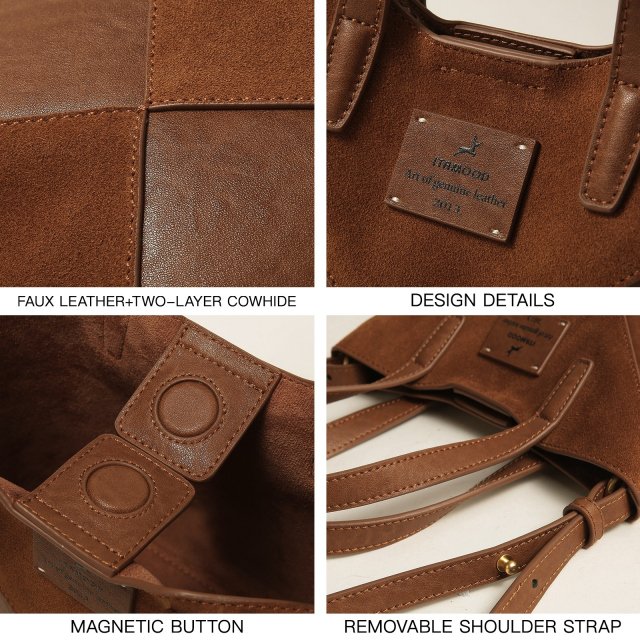 Large Capacity Brown Tote Bag – Suede & Leather Shoulder Handbag for Women - Image 4