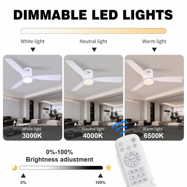 52in Flush Mount White Ceiling Fan with Light, Remote, DC Motor, 6 Speeds & Timer - Image 5