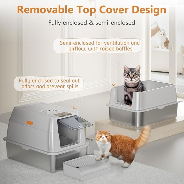 Closed Stainless Steel Cat Litter Box with Deodorizing Enclosure and Pedal - Image 5