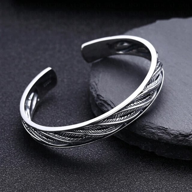 Retro Sterling Silver Leaf Cuff Bracelet for Men & Women - Image 3