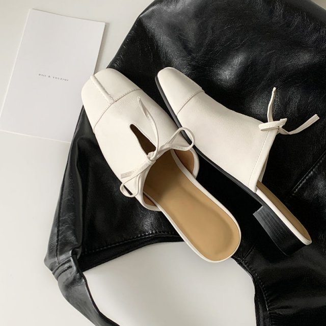 Genuine Leather Summer Mules for Women – Square Toe Lace-Up Sandals - Image 2