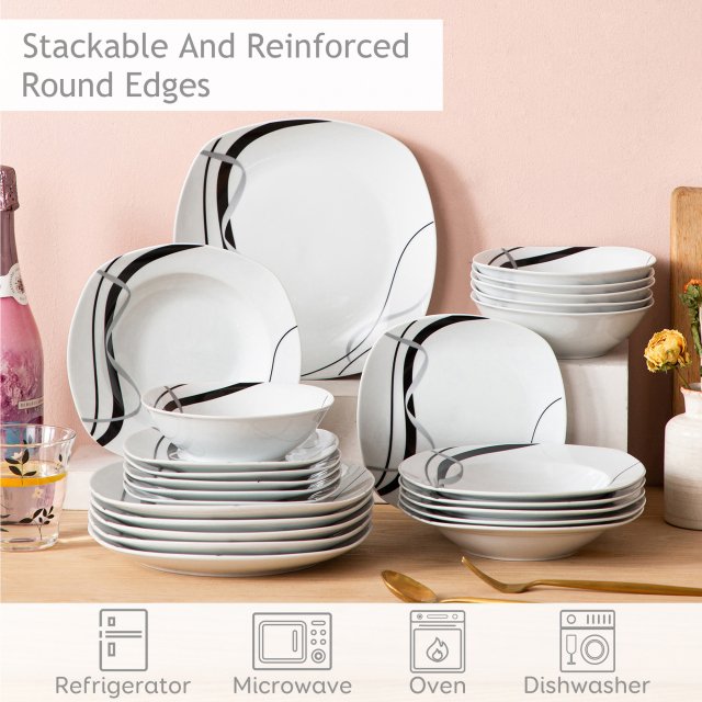 Porcelain Dinnerware Set for 6, 18 Pcs, Square Plates with Black Line - Image 5