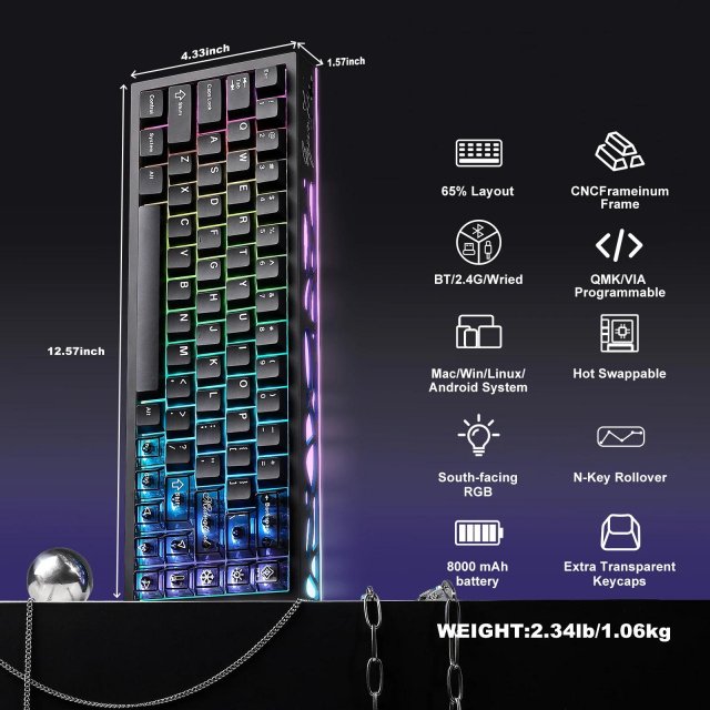 Black Aluminum Wireless Mechanical Gaming Keyboard – Hot-Swap RGB - Image 3
