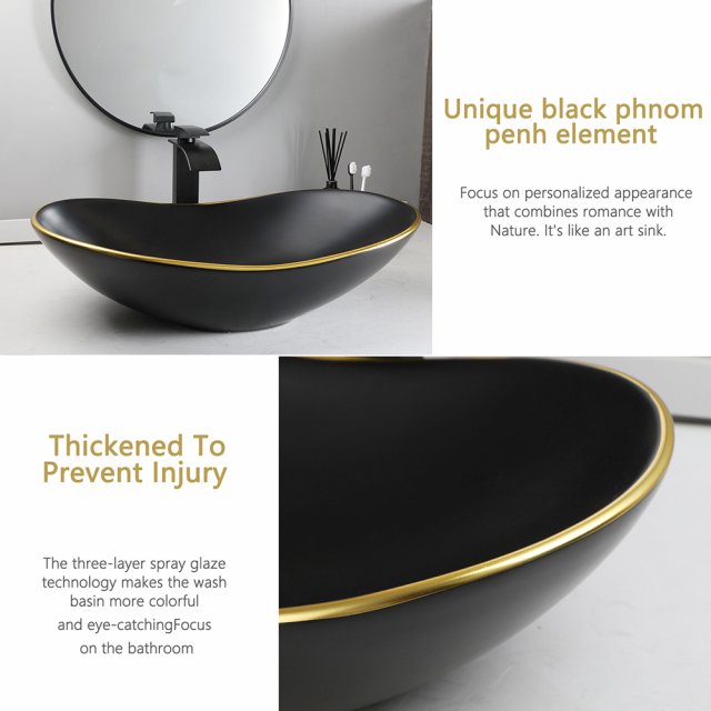 Oval Ceramic Bathroom Vessel Sink with Matte Black Waterfall Faucet and Pop-Up Drain - Image 6