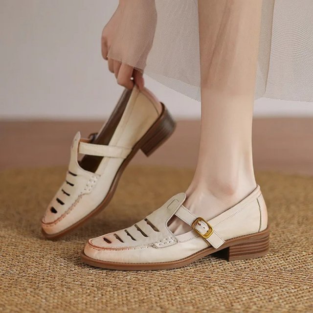 Genuine Leather Hollow Out Mary Jane Loafers for Women with Round Toe - Image 6