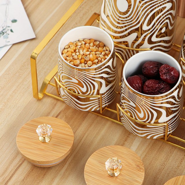 Ceramic Kitchen Storage Jars with Wooden Lids and Metal Rack - Image 3