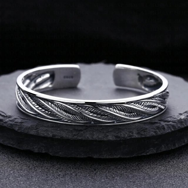 Retro Sterling Silver Leaf Cuff Bracelet for Men & Women - Image 4