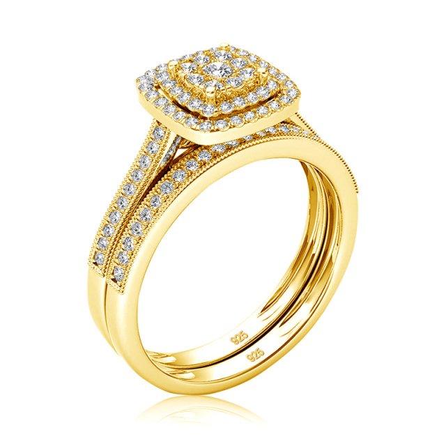 2PCS Yellow Gold Moissanite Engagement Ring Set for Women - Real Diamond Tester Wedding Band Jewelry - Image 4