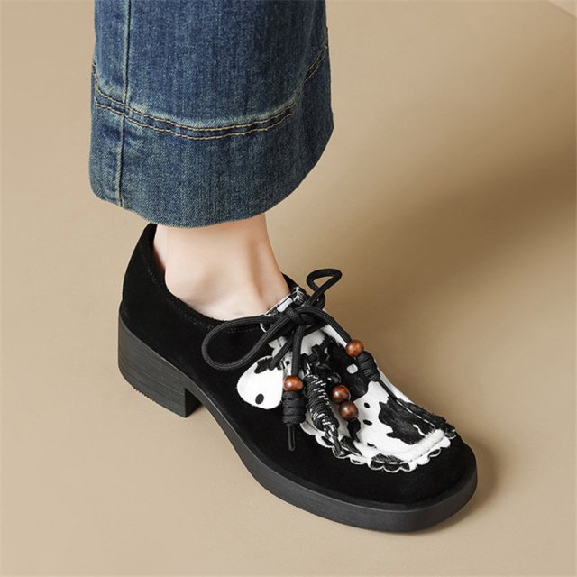 Women's Mixed Color Horsehair Platform Loafers with Round Toe and Lace-Up Design - Image 6