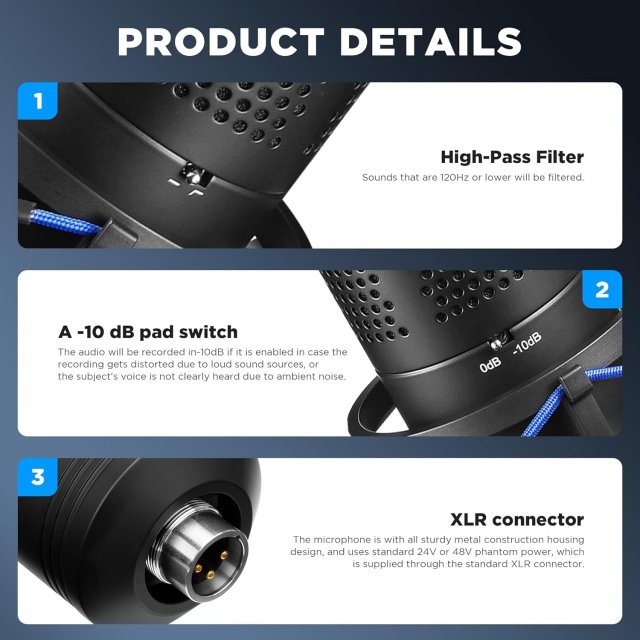 Studio Large Diaphragm Condenser Microphone with Low-Cut Filter & XLR Output - Image 6