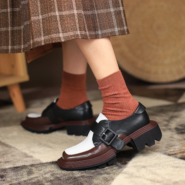 Genuine Leather Mixed Color Loafers for Women – Square Toe Slip-On Heels - Image 5