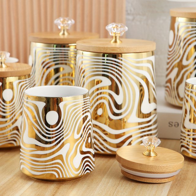 Ceramic Kitchen Storage Jars with Wooden Lids and Metal Rack - Image 4