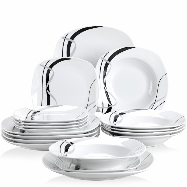 Porcelain Dinnerware Set for 6, 18 Pcs, Square Plates with Black Line - Image 7