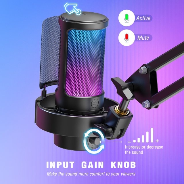 USB Microphone Kit with Boom Arm, RGB Lighting & Mute Control for Streaming - Image 3