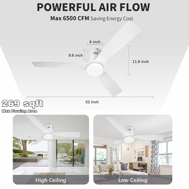 52in Flush Mount White Ceiling Fan with Light, Remote, DC Motor, 6 Speeds & Timer - Image 6