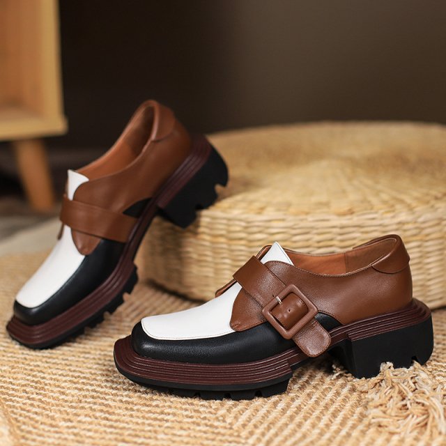 Genuine Leather Mixed Color Loafers for Women – Square Toe Slip-On Heels - Image 2
