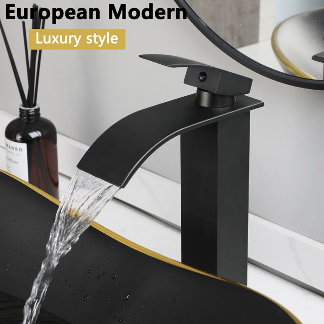 Oval Ceramic Bathroom Vessel Sink with Matte Black Waterfall Faucet and Pop-Up Drain - Image 4