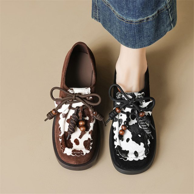 Women's Mixed Color Horsehair Platform Loafers with Round Toe and Lace-Up Design - Image 4