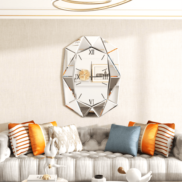 Irregular Beveled Mirror Wall Clock with Roman Numerals – Silent Quartz Movement - Image 4