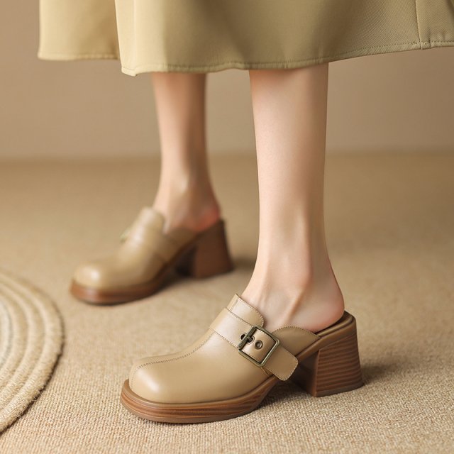 Elegant Summer Leather Mules for Women – Retro Slip-On Heels with Buckle - Image 4