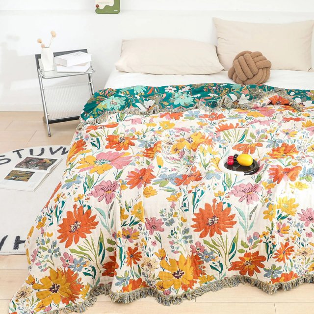 Floral Cotton Towel Blanket with Tassels, Double-Sided Jacquard - Image 5
