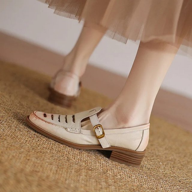 Genuine Leather Hollow Out Mary Jane Loafers for Women with Round Toe - Image 5