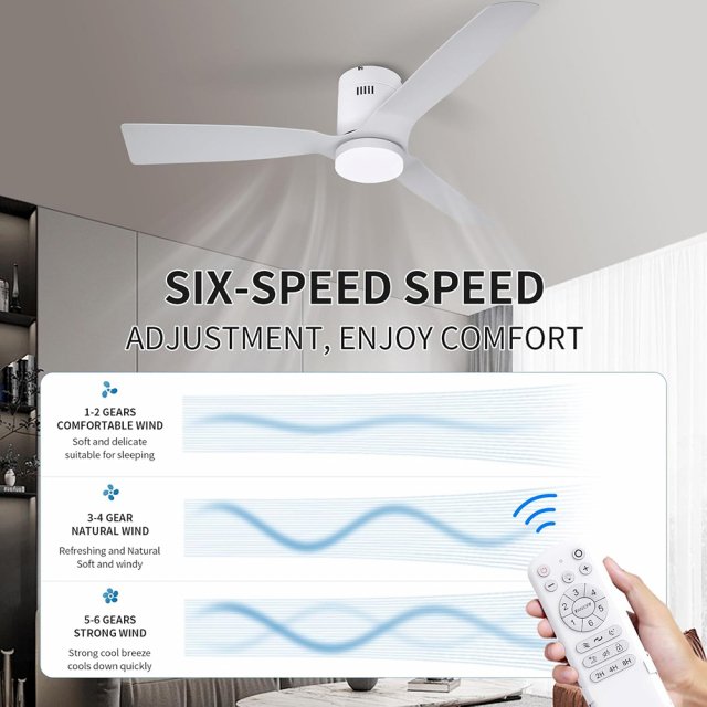 52in Flush Mount White Ceiling Fan with Light, Remote, DC Motor, 6 Speeds & Timer - Image 3
