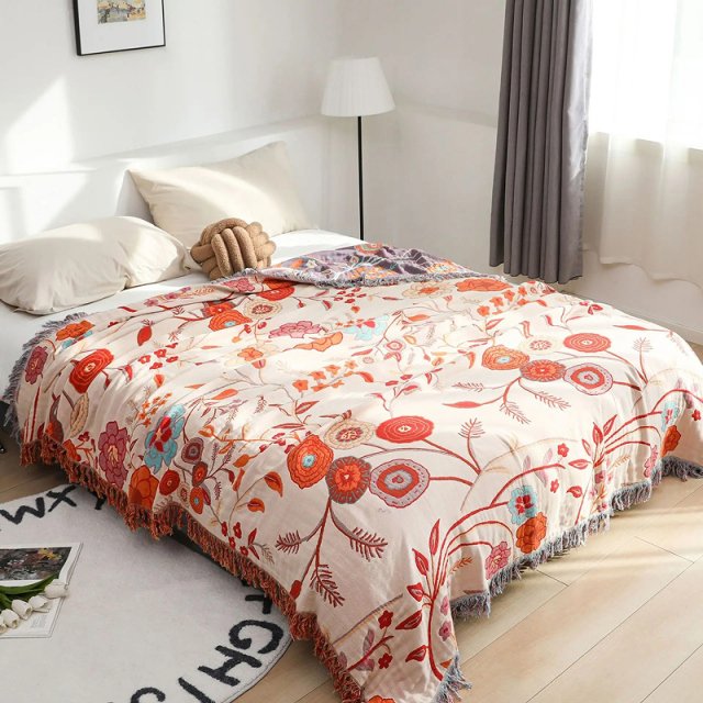 Floral Cotton Towel Blanket with Tassels - Image 6