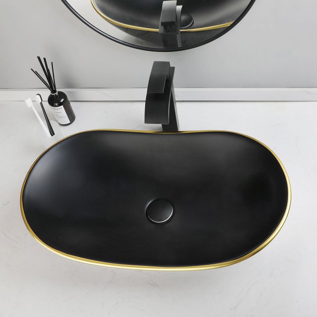 Oval Ceramic Bathroom Vessel Sink with Matte Black Waterfall Faucet and Pop-Up Drain - Image 3