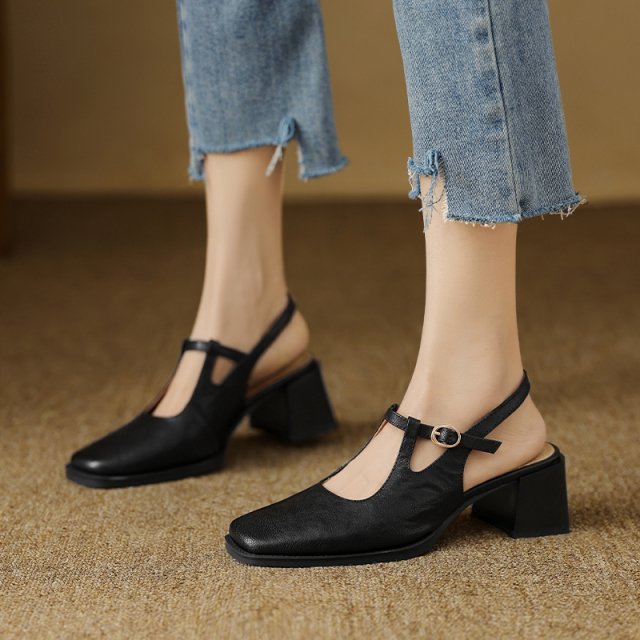 2025 Vintage T-Strap Leather Sandals for Women – Square Heel Summer Pumps - Image 2